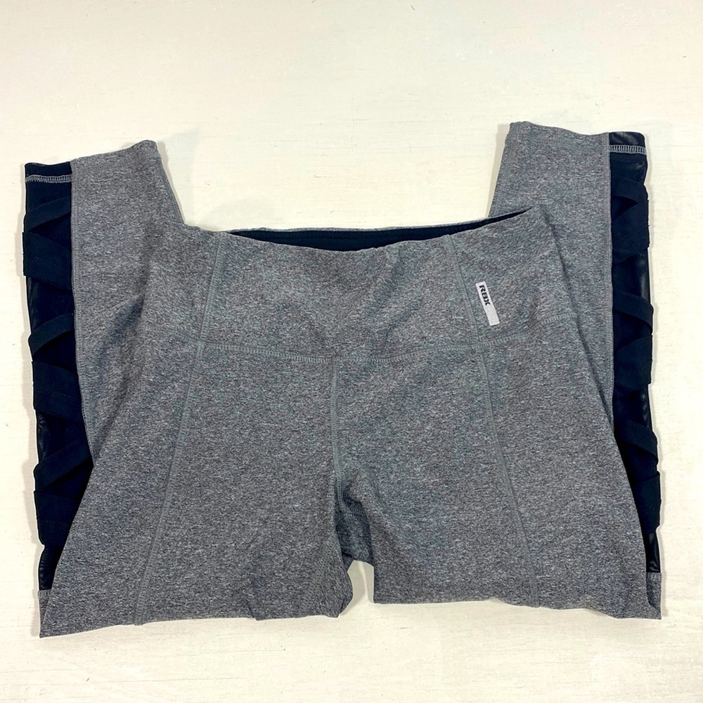 RBX  grey and black sheer and crisscross design Capri leggings​​​​​​​​​​​​​​​​​